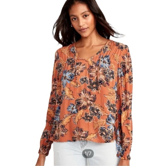 Old Navy Burnt Orange Boho Floral Print Peasant Long Sleeve Top - Picture 1 of 9